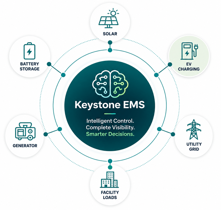 Esquema del controlador de la microrred de Keystone EMS: integración de energía solar, baterías, generador y recarga de vehículos eléctricos
